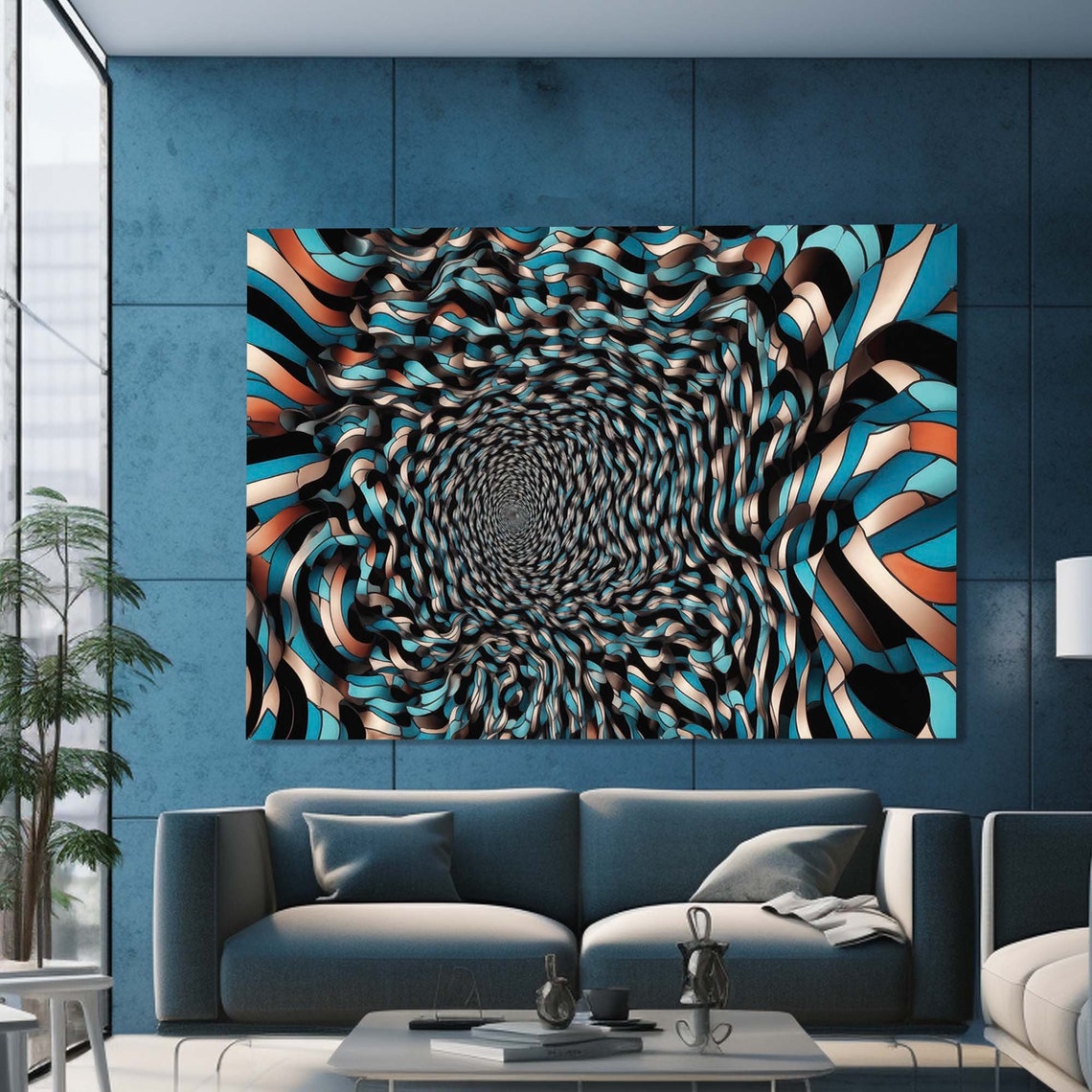 Teal Black Beige Wavy Ribbon Square Tunnel Optical Illusion Wall Art