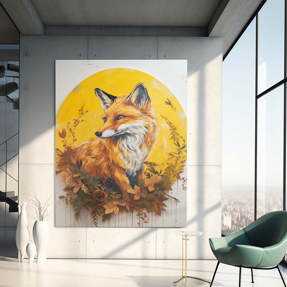 Red Fox Golden Sun Circle Autumn Foliage Wildlife Portrait Wall Art - Image 3