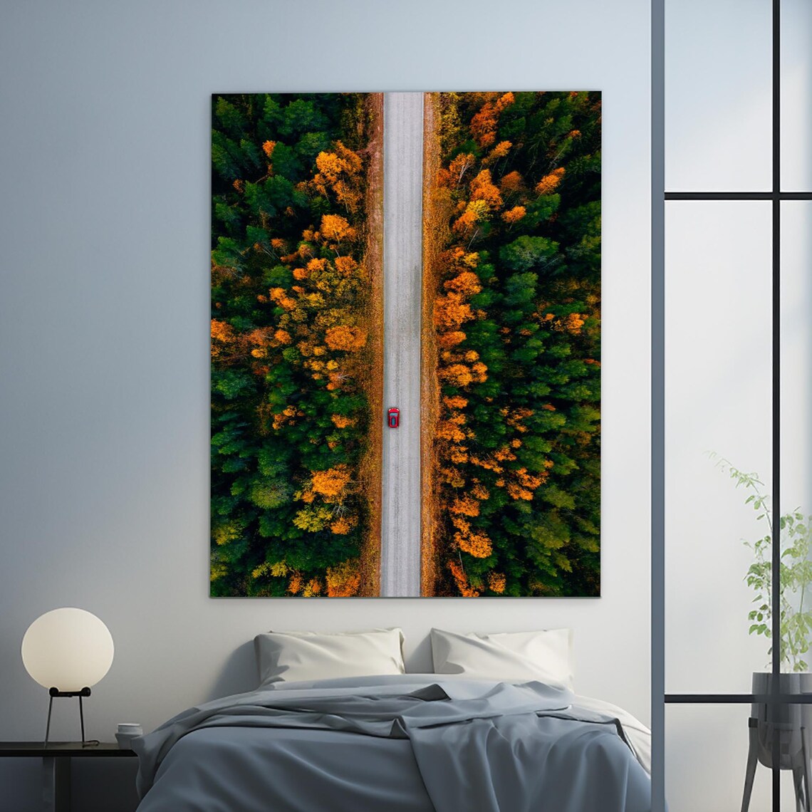 Aerial Autumn Road Through Fall Forest Lone Red Car Travel Poster - Image 3