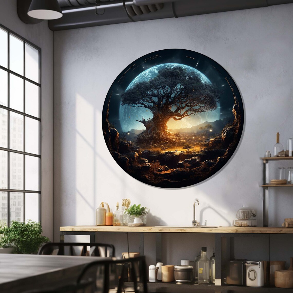 Ancient Tree of Life Giant Blue Moon Fantasy Night Round Wall Art - Image 3