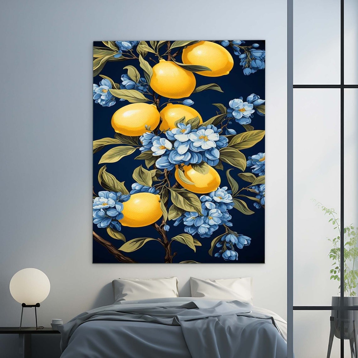 Yellow Lemons Blue Blossoms Navy Botanical Floral Art Wall Poster - Image 2