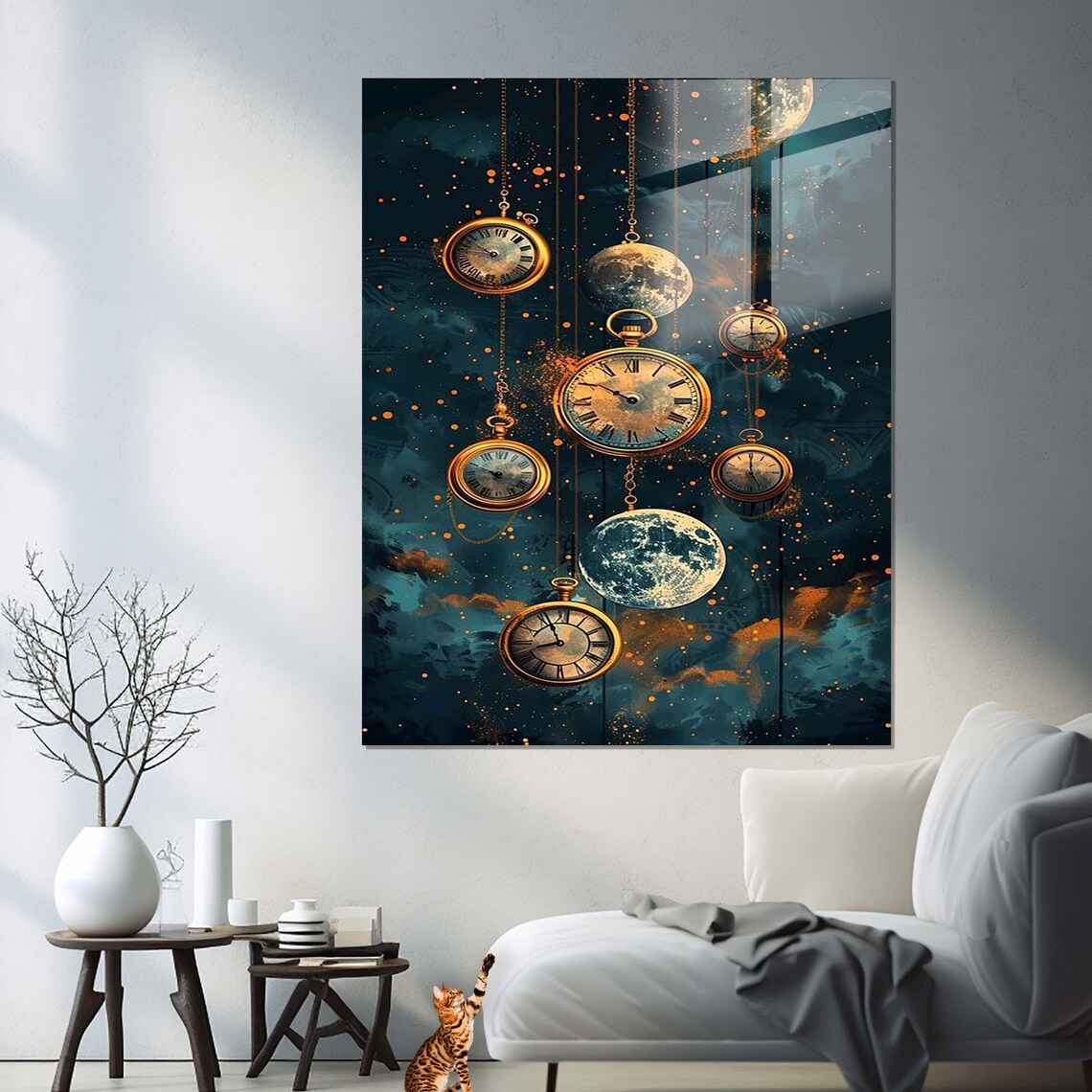 Vintage Pocket Watches Hanging Among Moons In Cosmic Night Sky Wall Art - Image 2