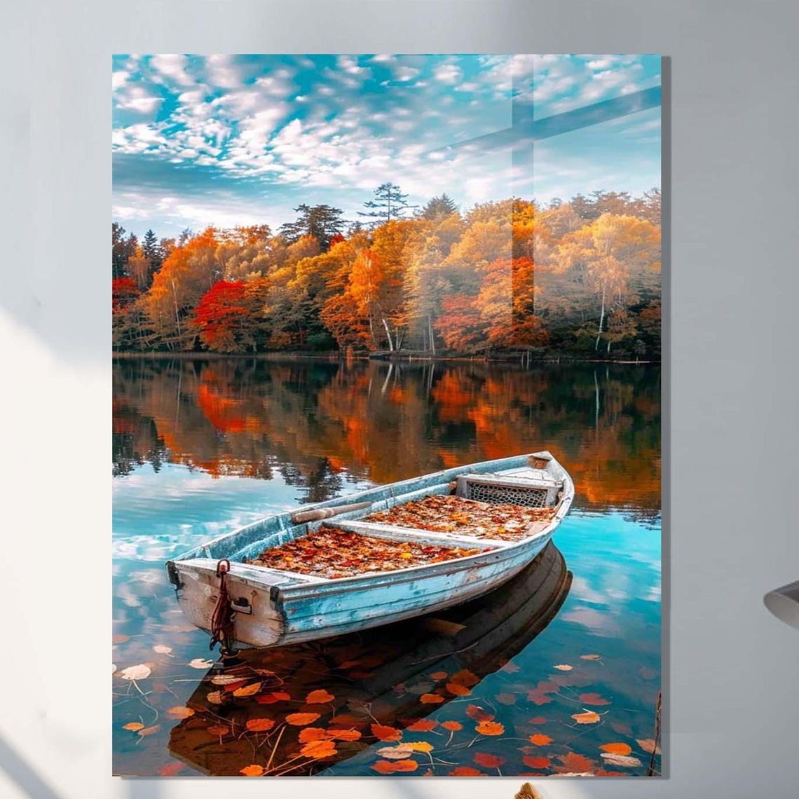 Single White Rowboat On Autumn Lake With Colorful Fall Reflection Art