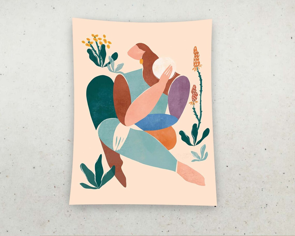 Abstract Seated Woman Floral Botanical Illustration Tapestry Wall Art