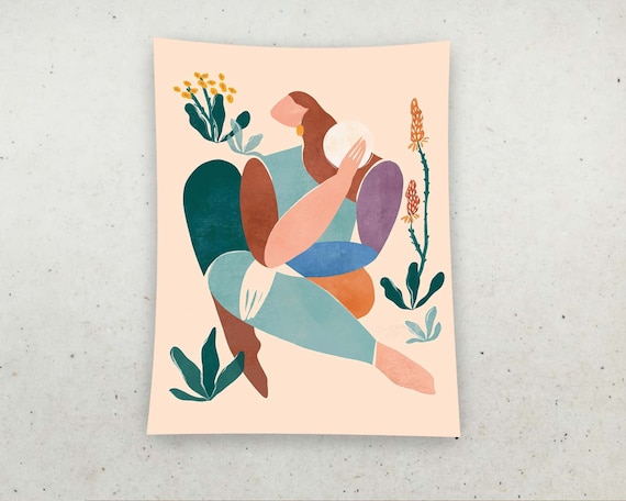Abstract Seated Woman Floral Botanical Illustration Tapestry Wall Art