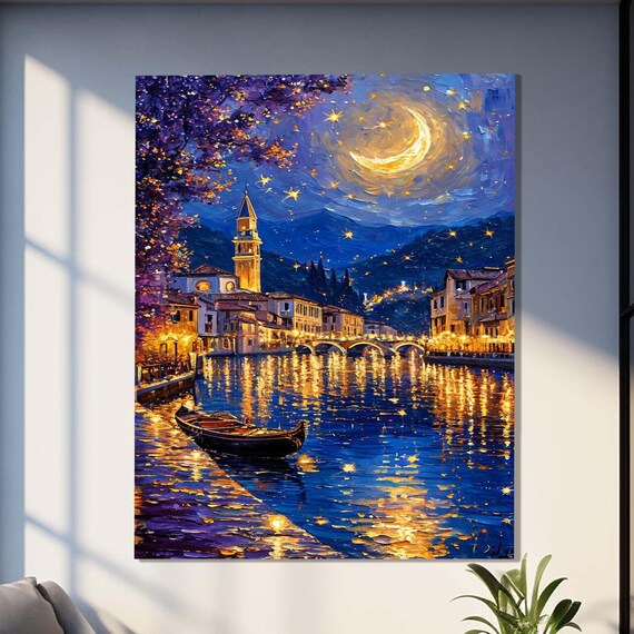 Venetian Canal Night Gondola Lights Romantic Italy Travel Poster