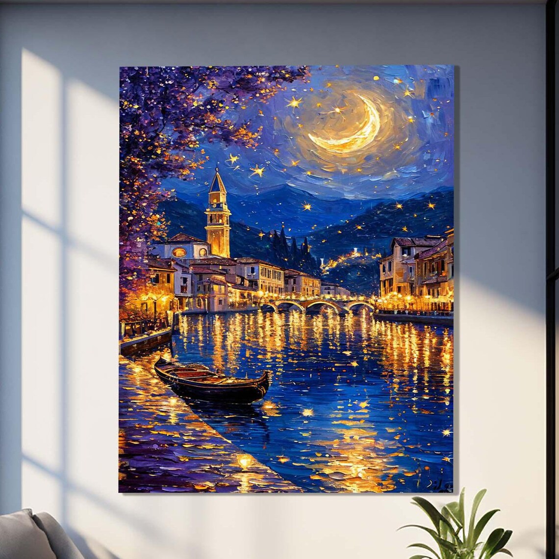 Venetian Canal Night Gondola Lights Romantic Italy Travel Poster