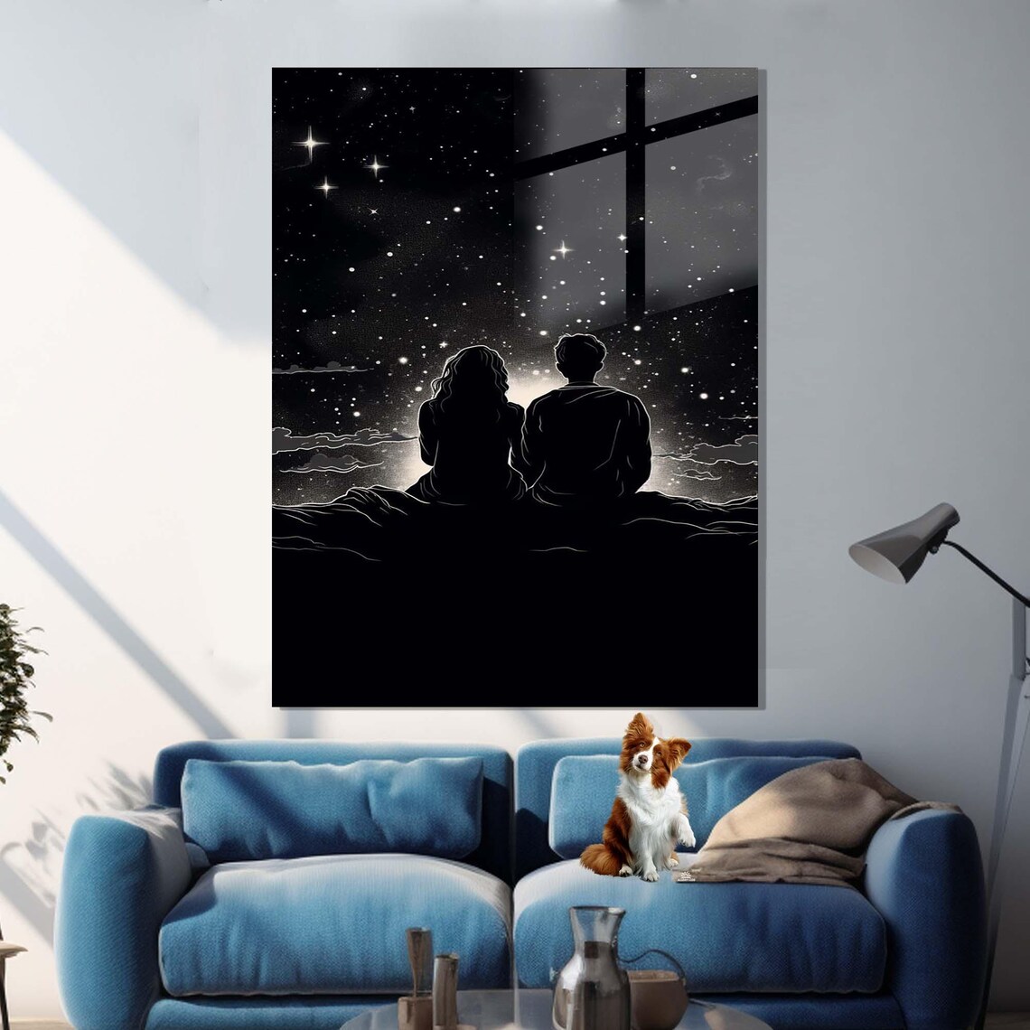 Couple Silhouette Watching Starry Night Sky Together Black White Art - Image 2