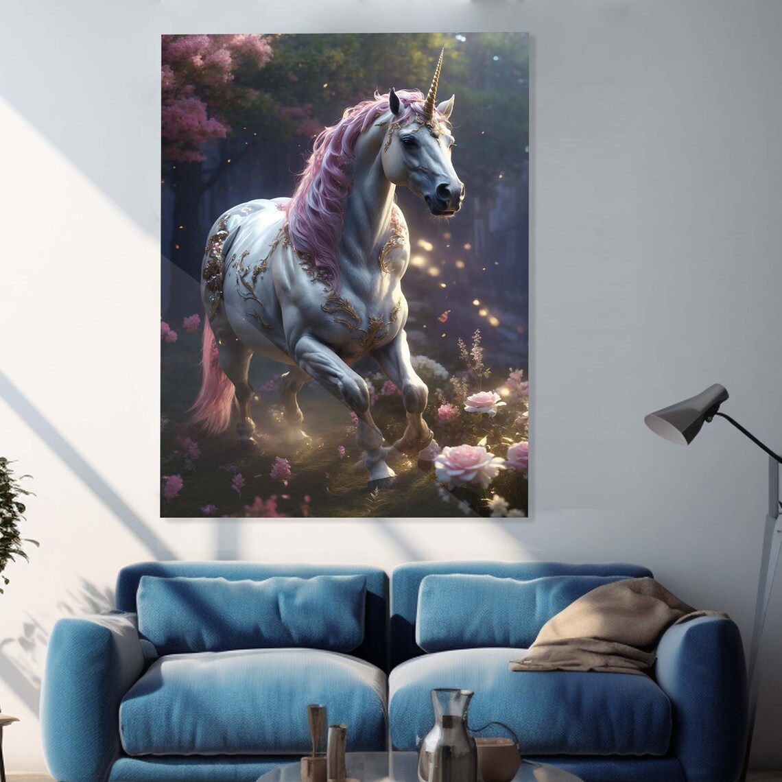 White Unicorn Pink Mane Golden Fantasy Forest Floral Art Poster - Image 3