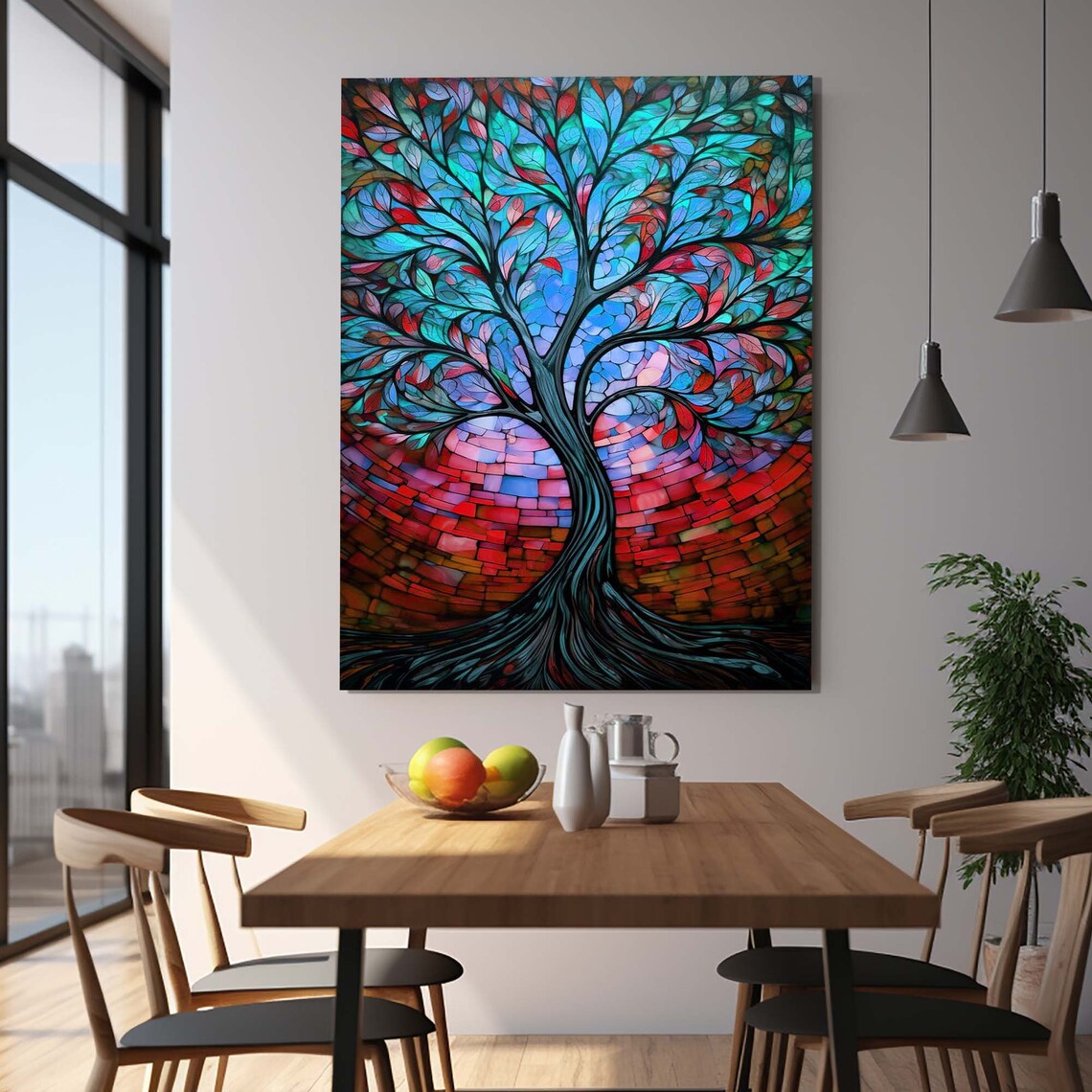 Blue Tree of Life Stained Glass Style Tempered Glass Wall Art - Image 2