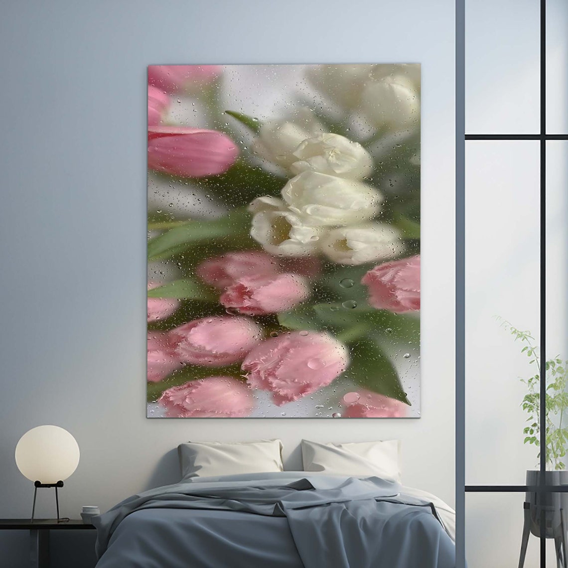Pink White Tulips Behind Rainy Wet Glass Floral Gallery Poster - Image 2