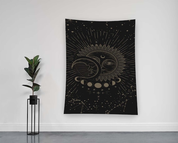 Gold Sun Moon Face Phases Celestial Black Astrology Tapestry Poster