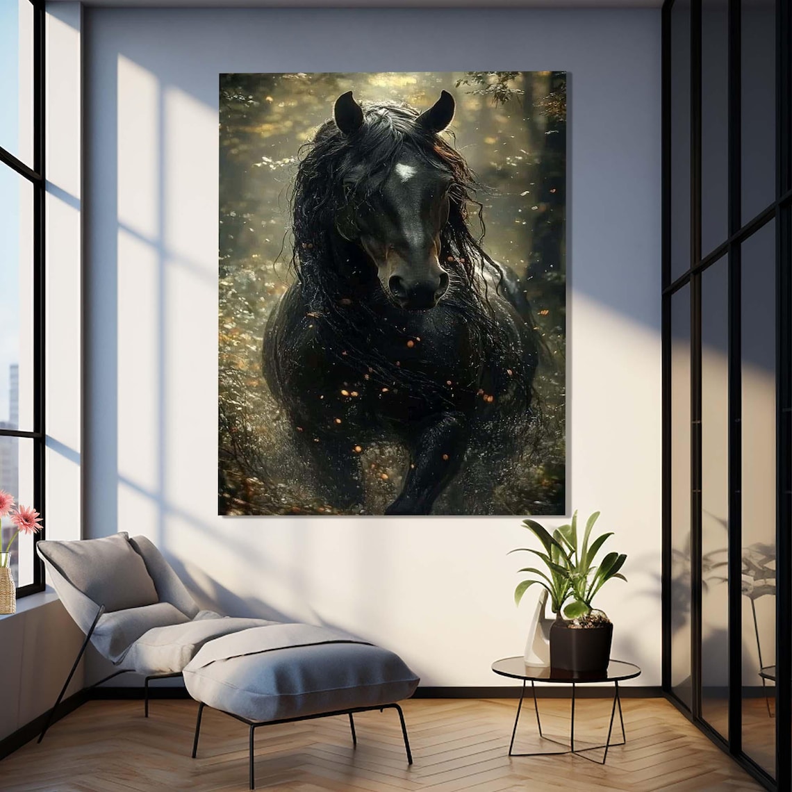 Black Horse Portrait Golden Light Dark Mystical Forest Scene Poster - Image 3