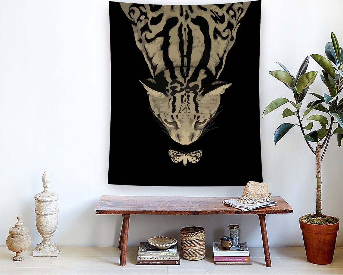 Upside Down Cat Chasing Moth Beige Black Modern Minimalist Wall Art - Image 2