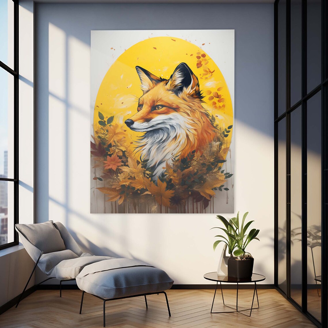 Red Fox Autumn Leaves Golden Sun Circle Woodland Portrait Wall Art - Image 2