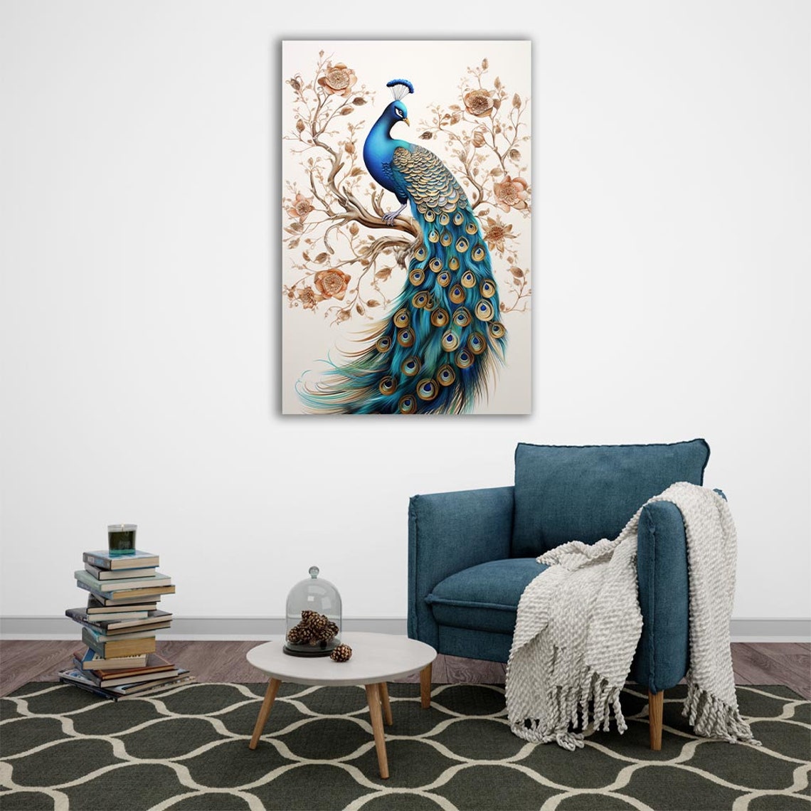 Elegant Peacock Branch Golden Flowers Cream Bird Feather Art Poster - Image 2