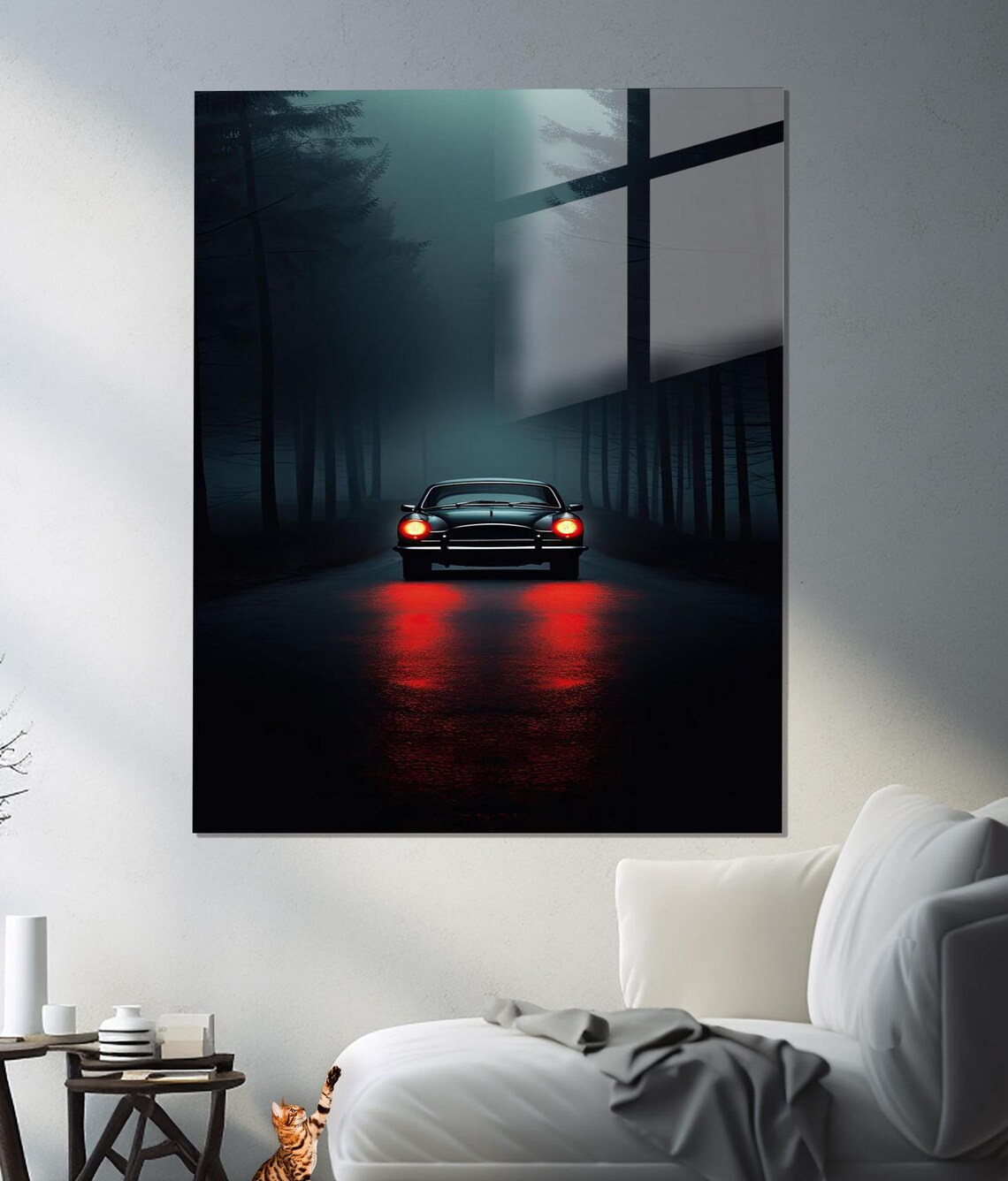Classic Car Driving Into Foggy Night Red Tail Lights Road Poster - Image 2