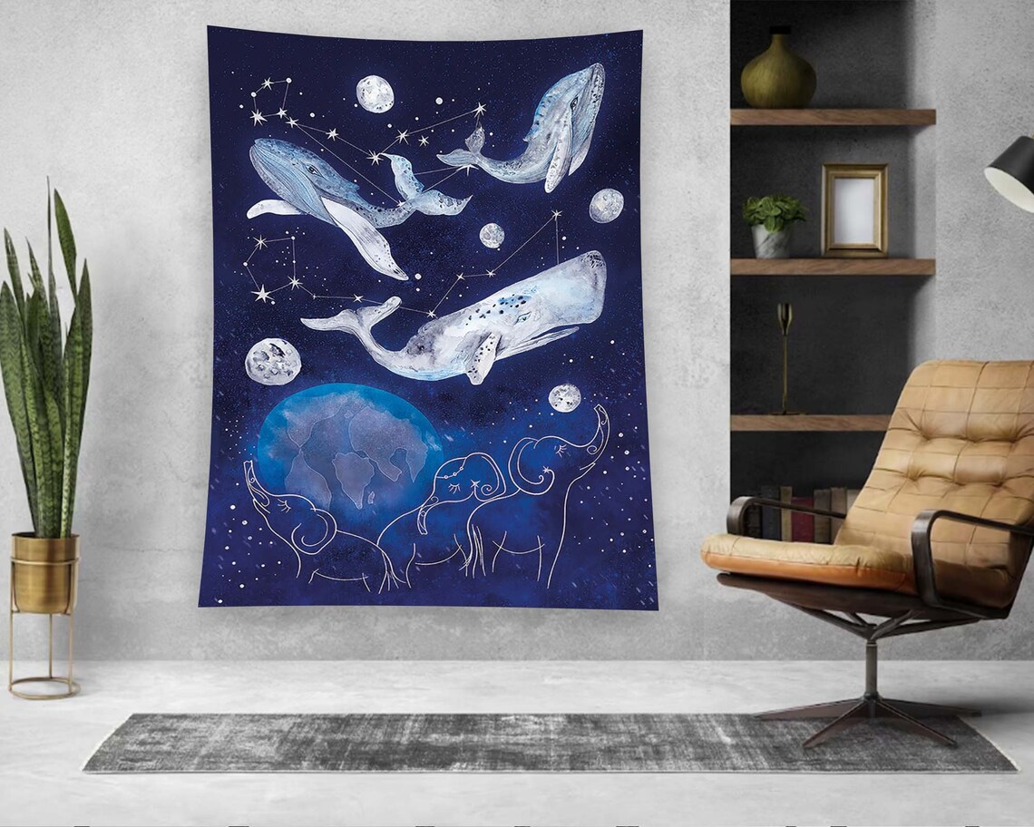 Whales Elephants Starry Night Constellation Blue Fantasy Tapestry Poster