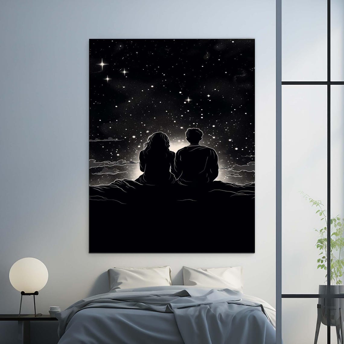 Couple Silhouette Watching Starry Night Sky Together Black White Art