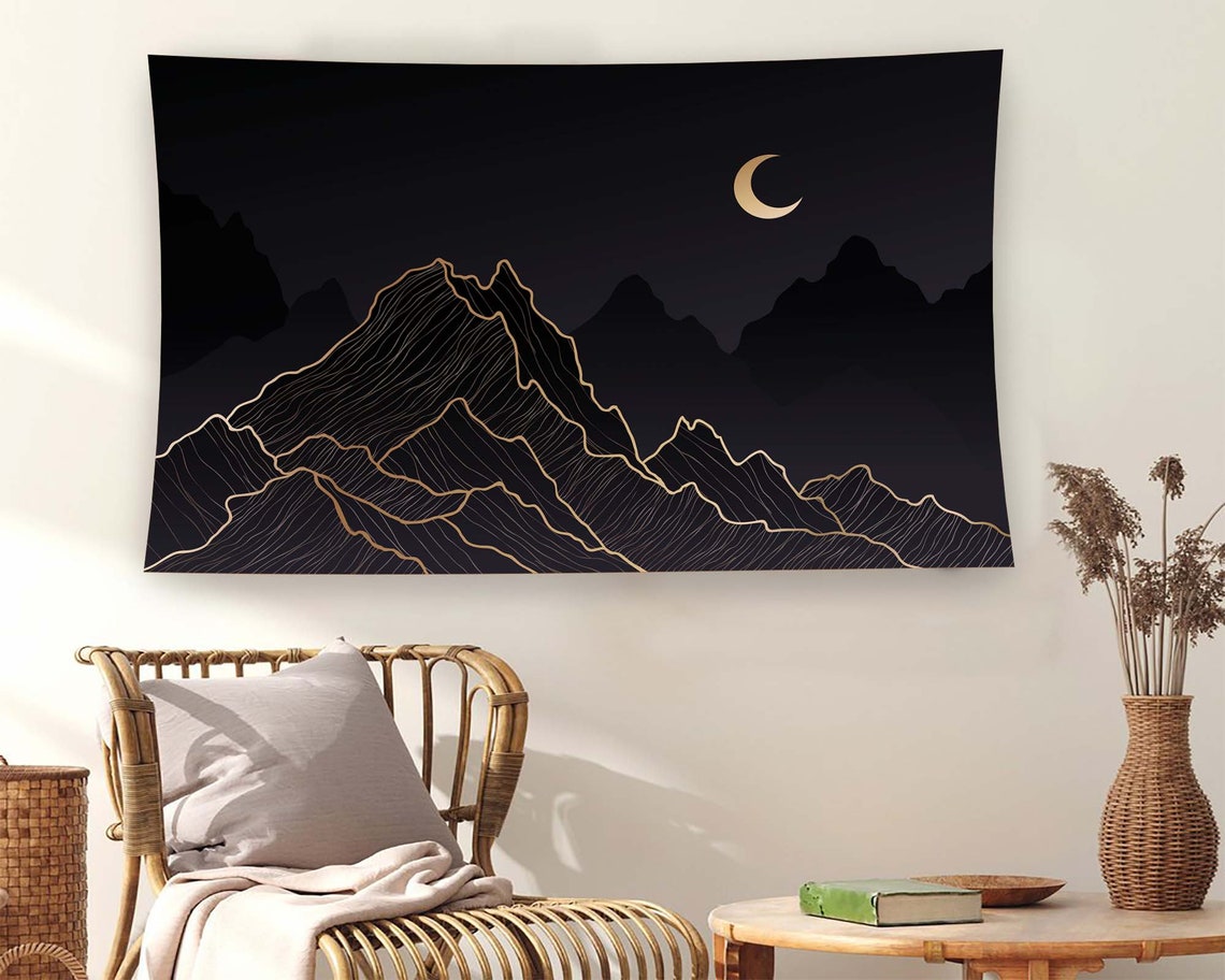 Black Gold Mountain Line Art Crescent Moon Night Sky Tapestry Poster - Image 3