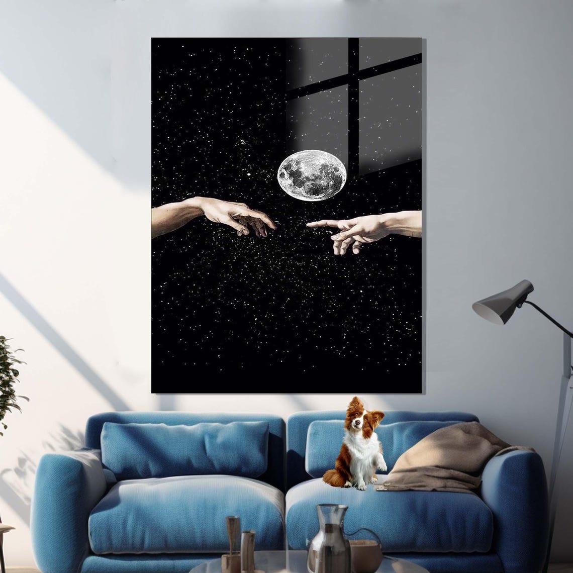 Creation Of Adam Style Hands Reaching Under Full Moon Starry Wall Art - Image 2