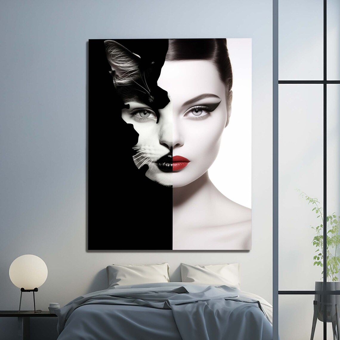 Woman and Cat Face Fusion Black White Fashion Portrait Wall Art - Image 2