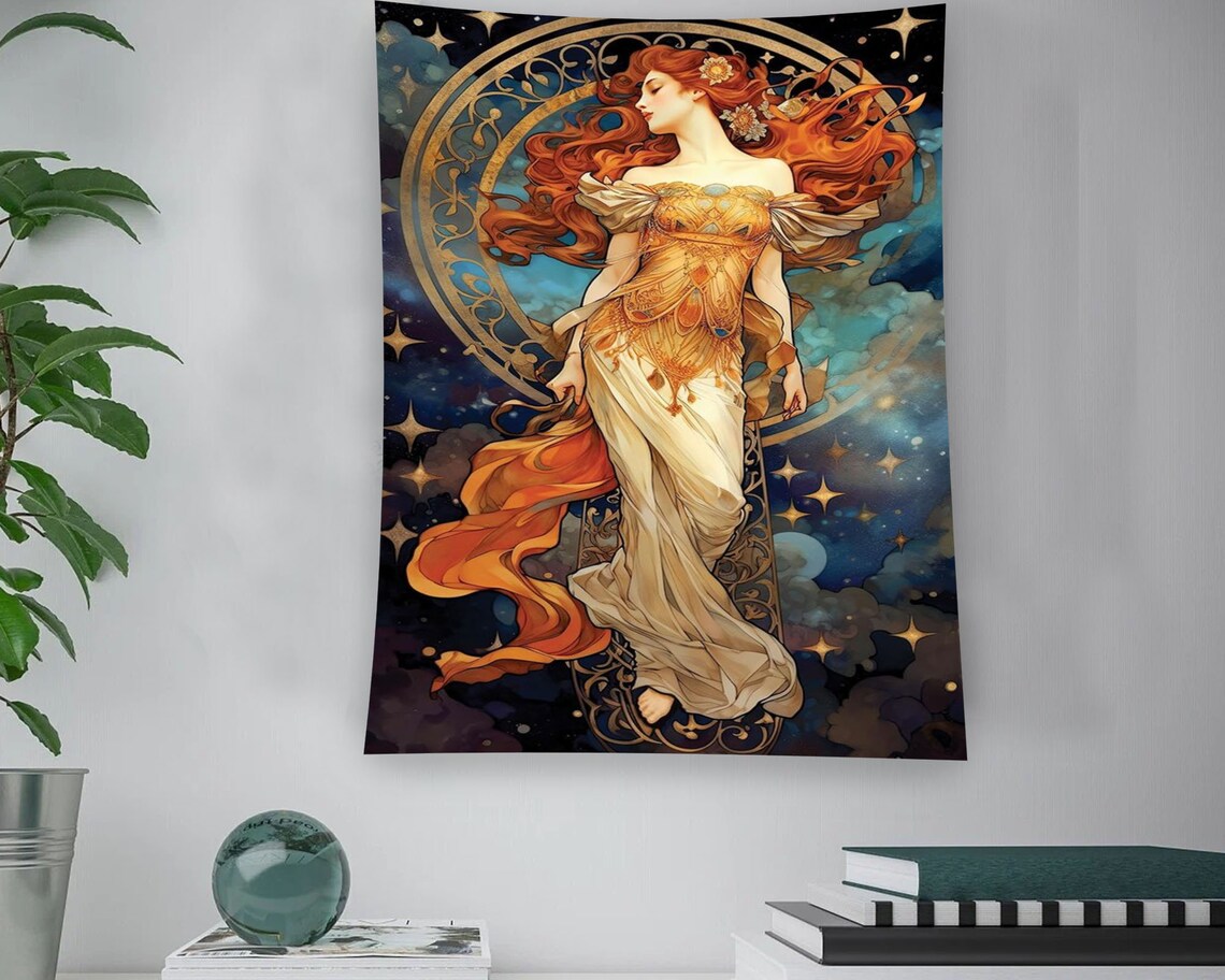 Art Nouveau Goddess Red Hair Stars Golden Celestial Fantasy Art Poster - Image 3