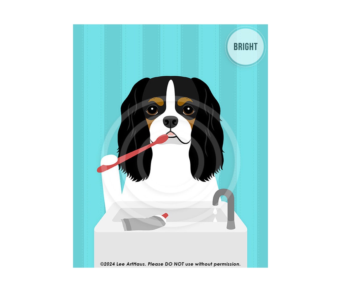 Tricolor Cavalier Spaniel Brushing Teeth Funny Dog Bathroom Poster - Image 9