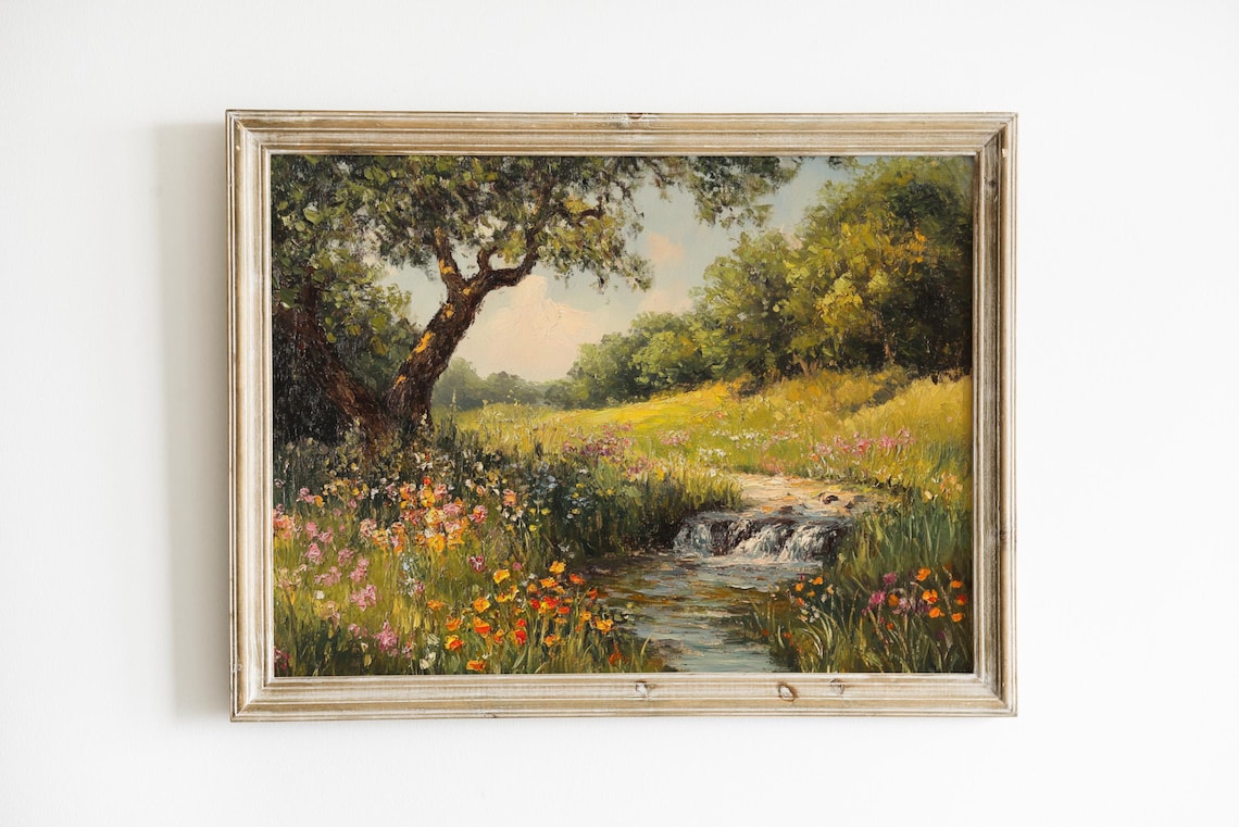 Vintage Spring Wildflowers Landscape Art Print - Image 2