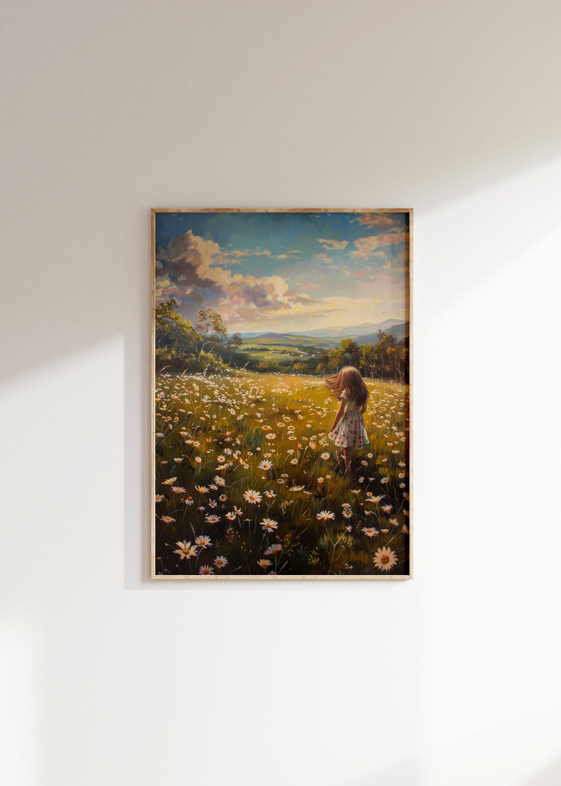 Girl in Daisy Meadow Sunset Golden Field Vintage Nursery Art Poster - Image 2