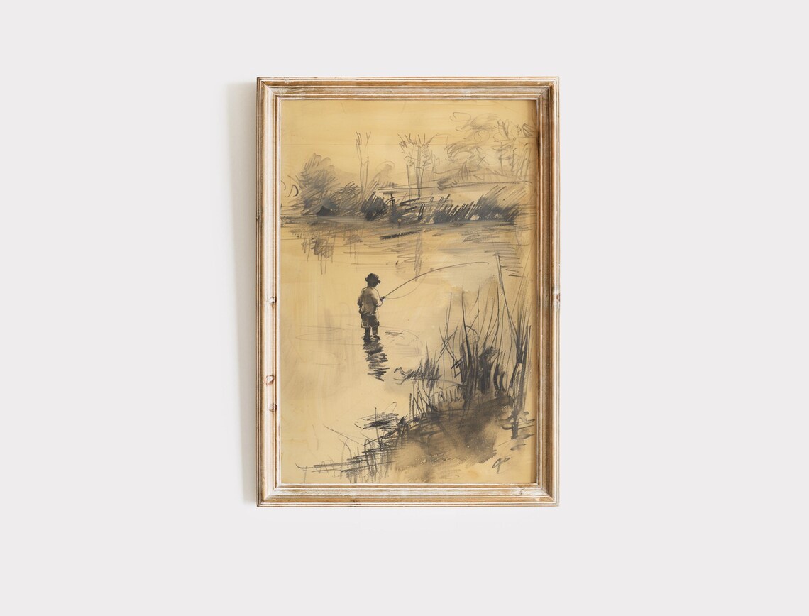 Boy Fishing Vintage Sketch, Farmhouse Cabin Decor Art Print - Image 2