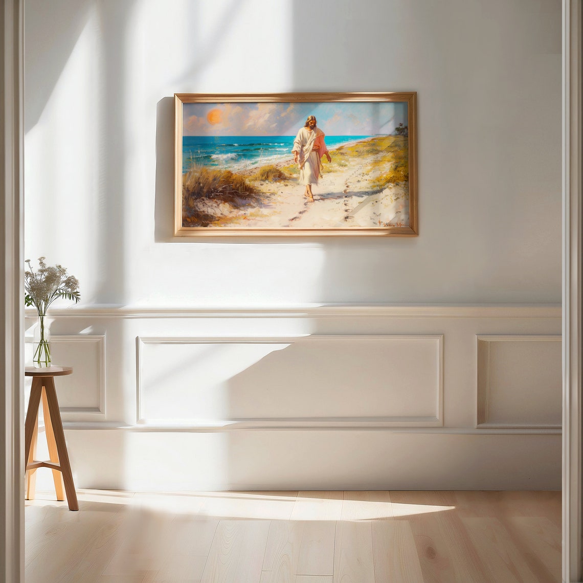 Jesus Walking On Sunny Beach Ocean Shoreline Christian Faith Wall Art - Image 2