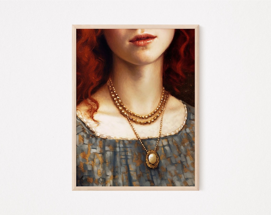 Redhead Woman Pearls Antique Portrait Vintage Painting Print Poster - Image 2