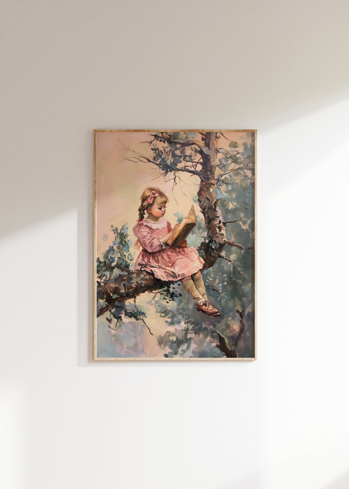 Little Girl In Pink Dress Reading Book In Tree Vintage Art Print - Image 2
