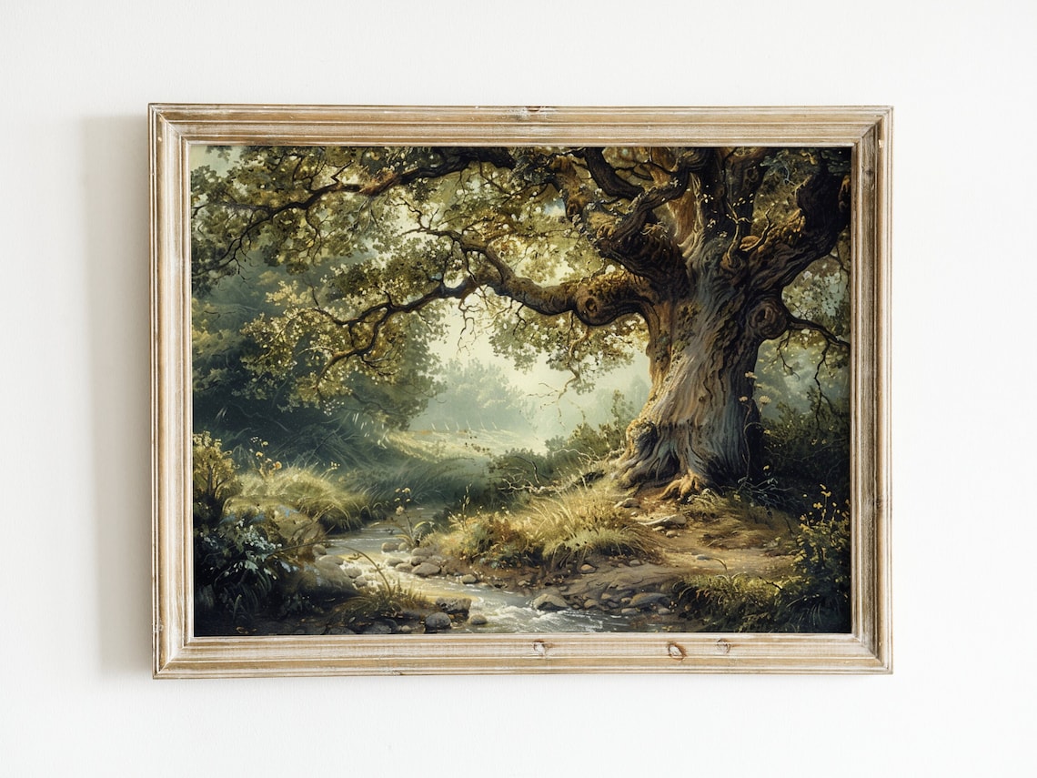 Vintage Oak Tree By Stream Oil Painting Wall Art Print