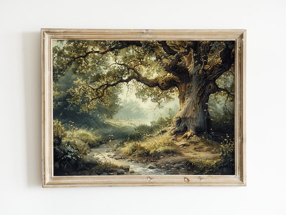 Vintage Oak Tree By Stream Oil Painting Wall Art Print