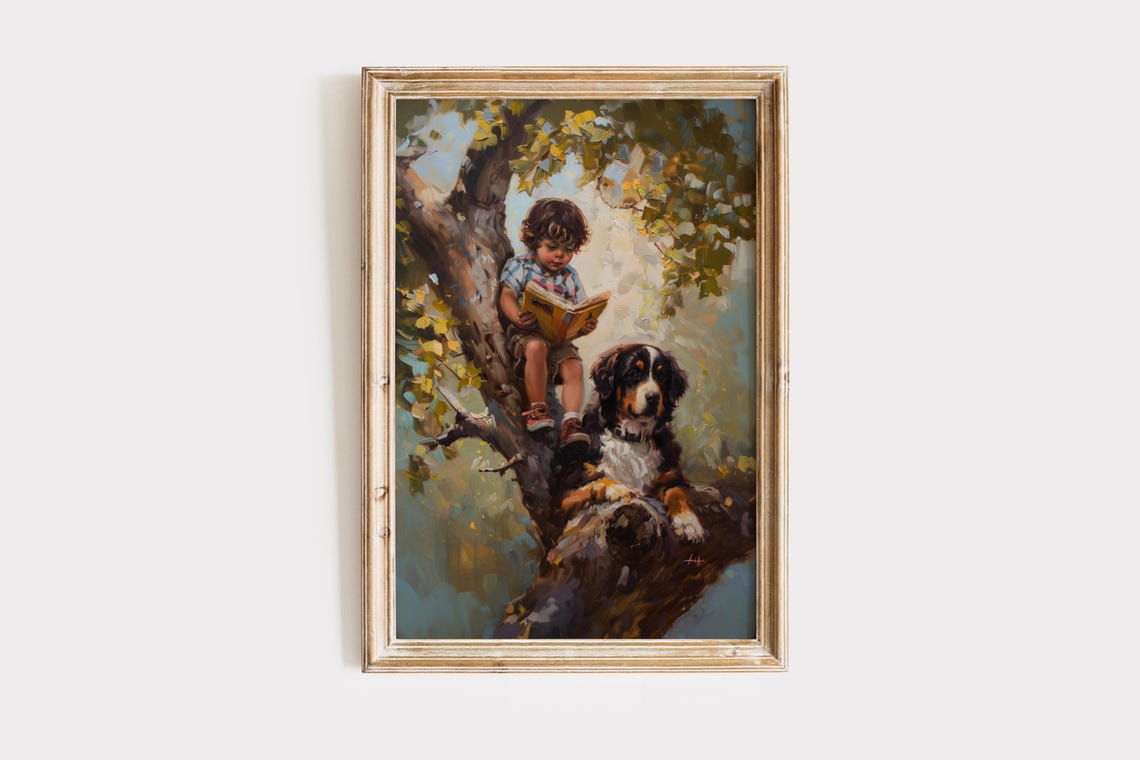 Boy Reading with Bernese Mountain Dog in a Tree Oil Painting Poster