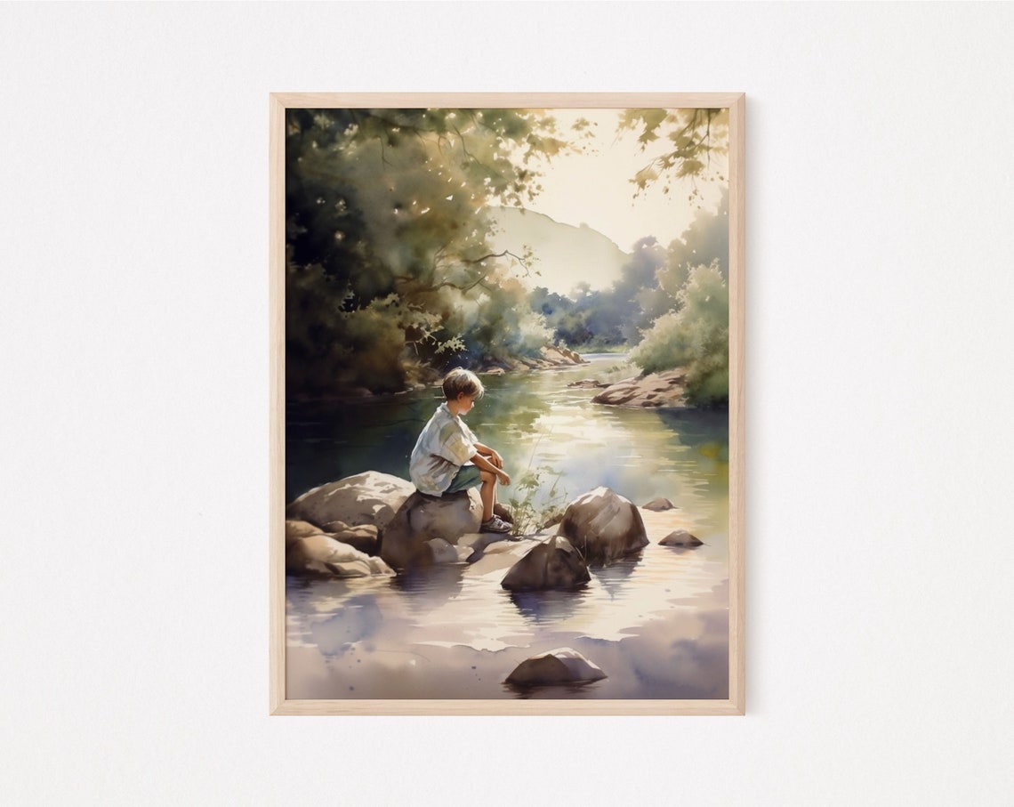 Vintage Wall Art Boy By Pond Summer Decor Print Boys Nursery Painting Antique Instant Nature - Image 2