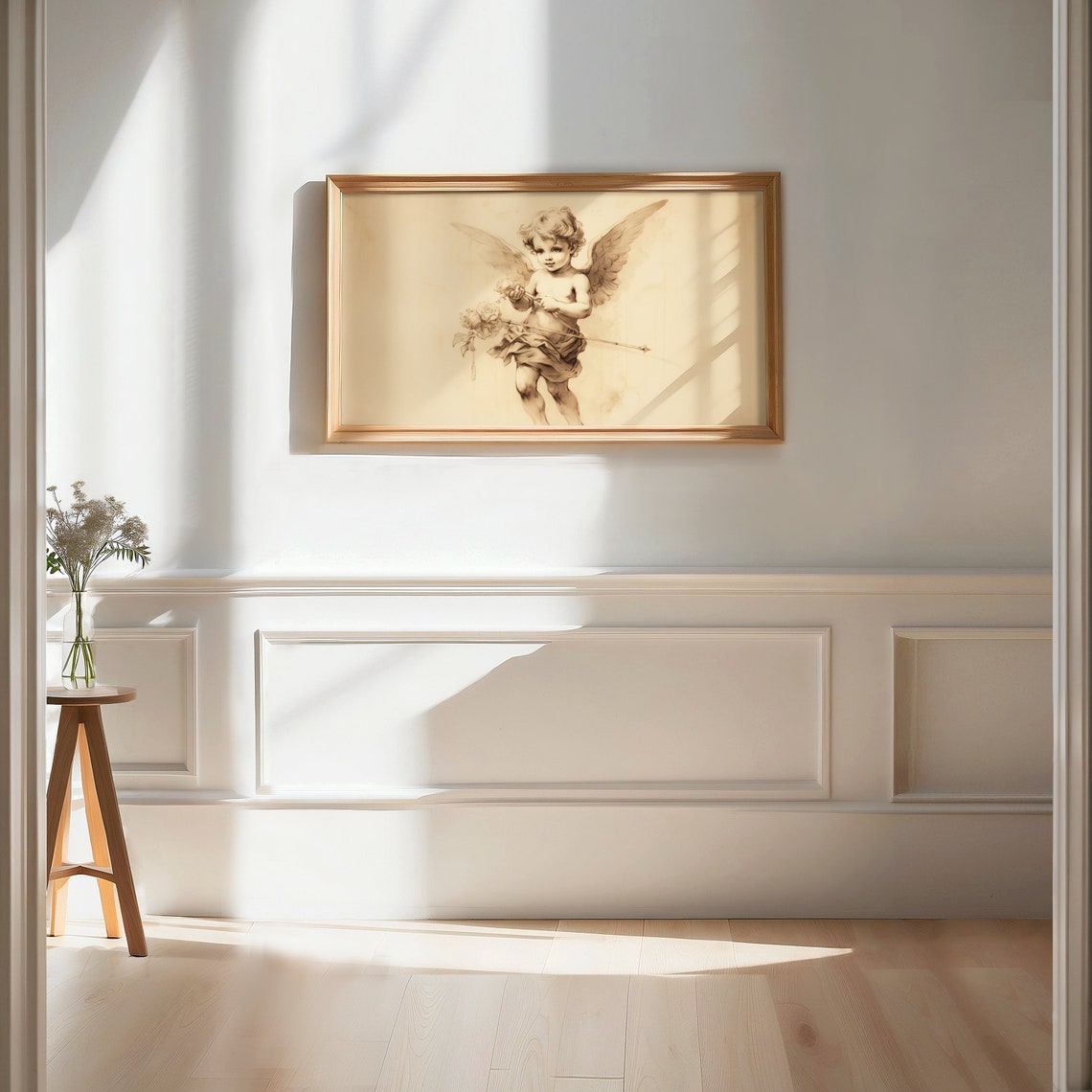 Sepia Cupid Drawing Arrow With Roses Valentine Love Art Wall Print - Image 2