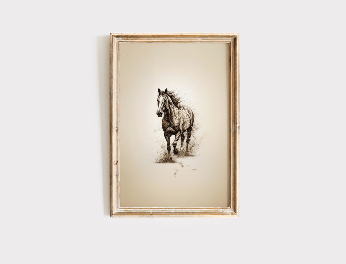 Galloping Horse Sepia Ink Sketch Rustic Western Equestrian Art Print - Image 2