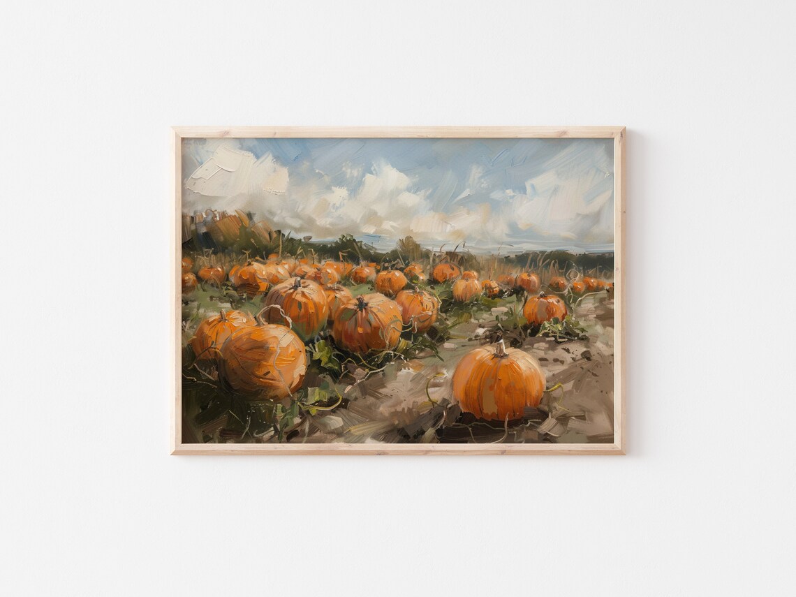 Wide Pumpkin Patch Field Cloudy Sky Autumn Harvest Landscape Oil Painting Poster - Image 2