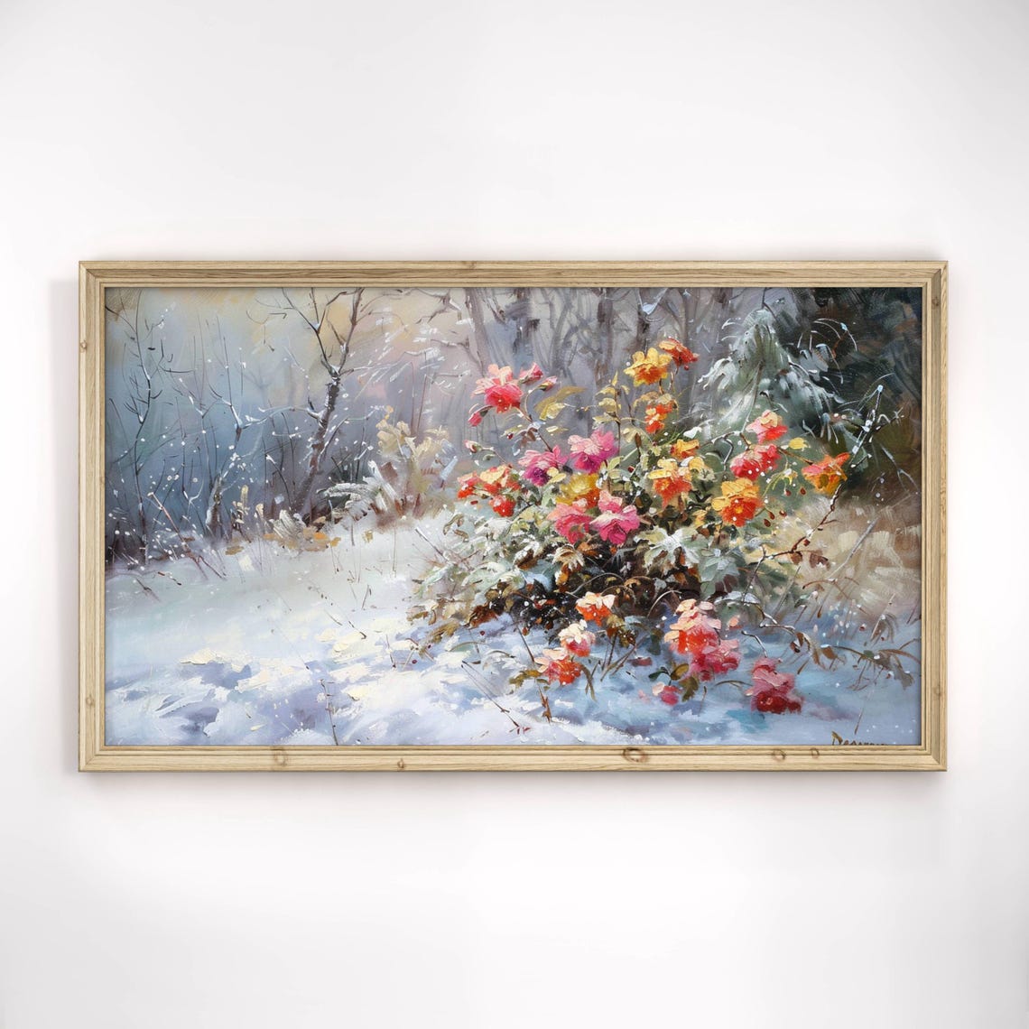 Winter Flowers Blooming In Snow Pink Blossoms Frosted Forest Art Print
