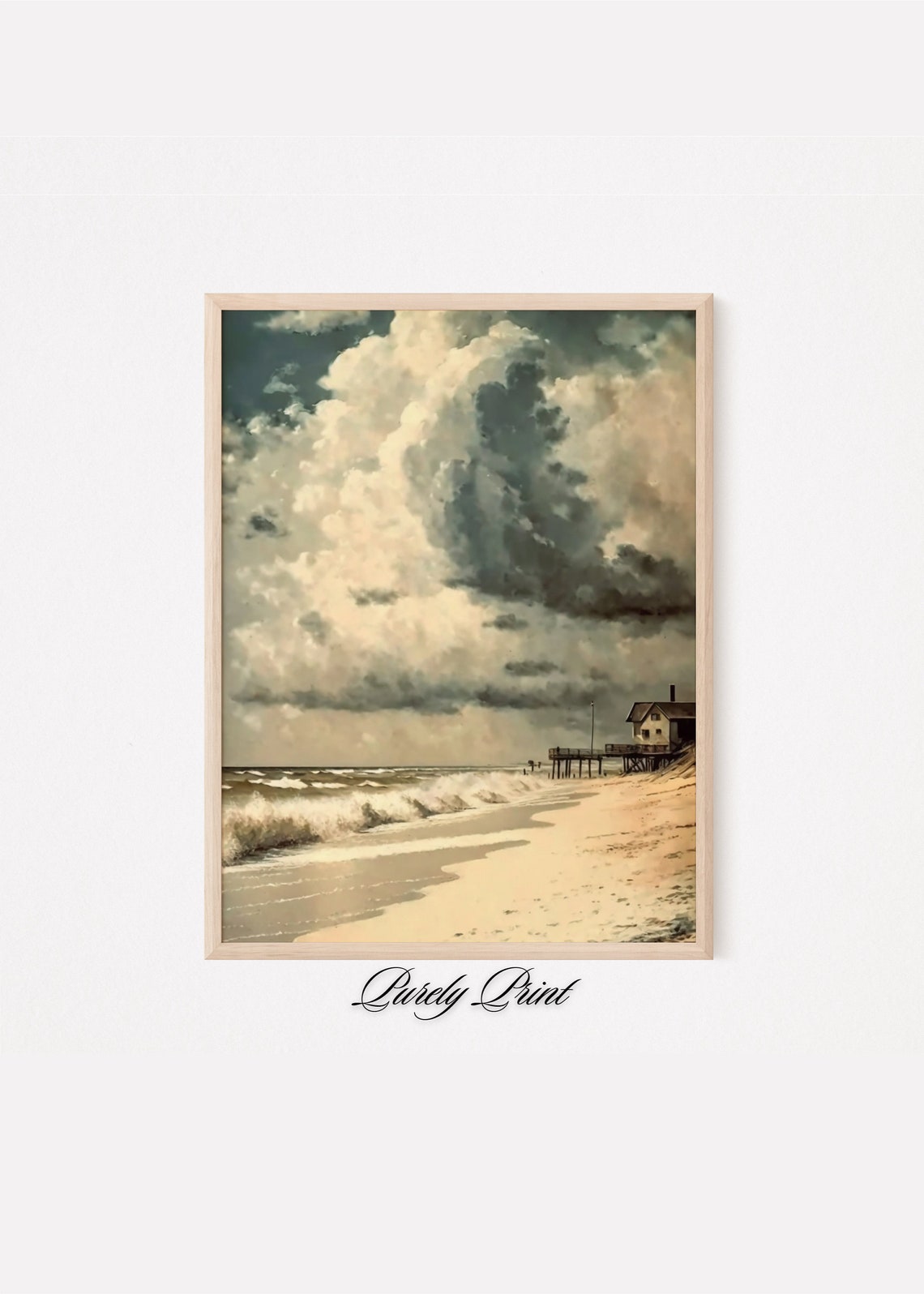 Vintage Moody Beach Shore Waves Pier House Cloudy Sky Art Poster - Image 2