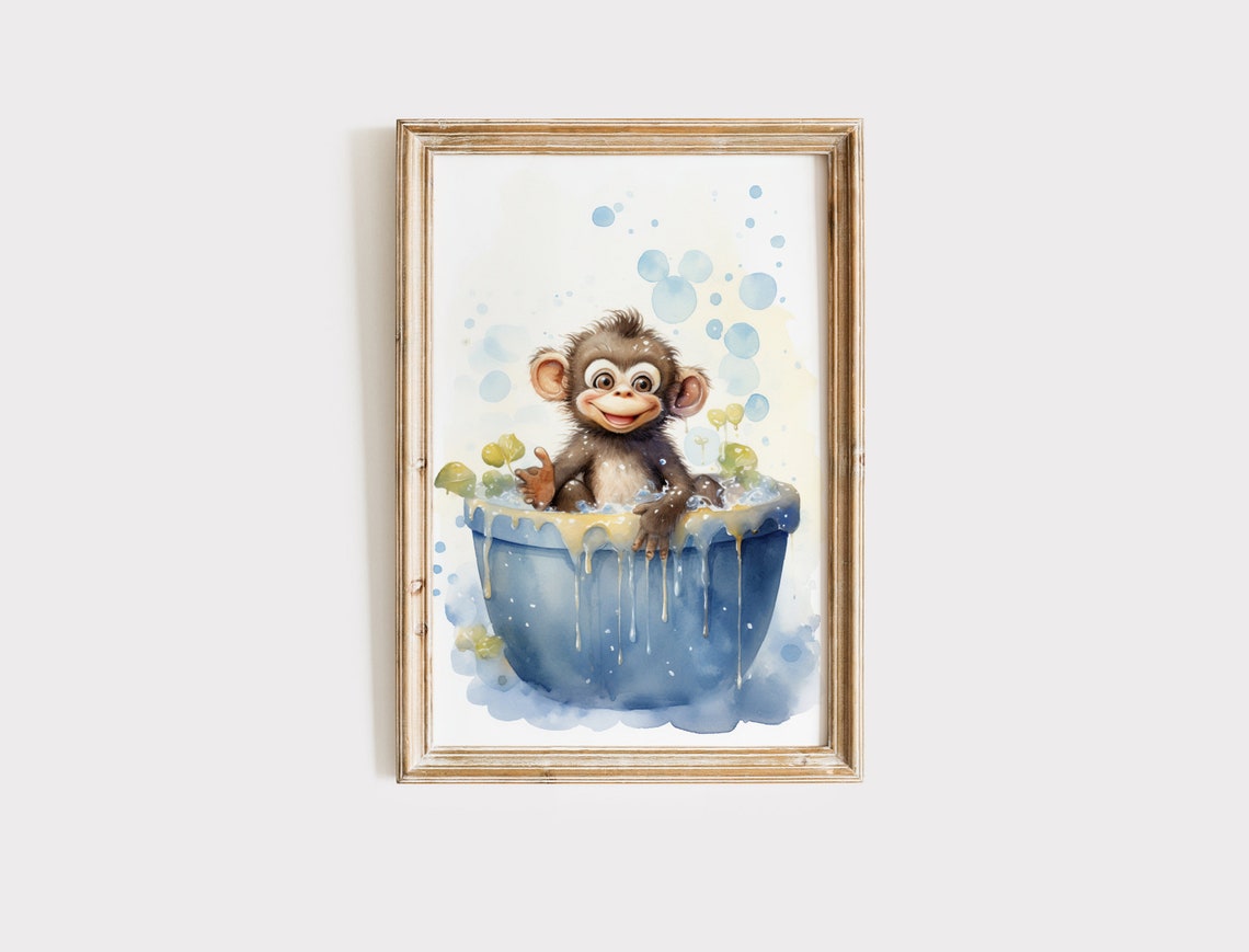 Cute Baby Monkey Bubble Bath Blue Tub Watercolor Kids Art Poster - Image 2