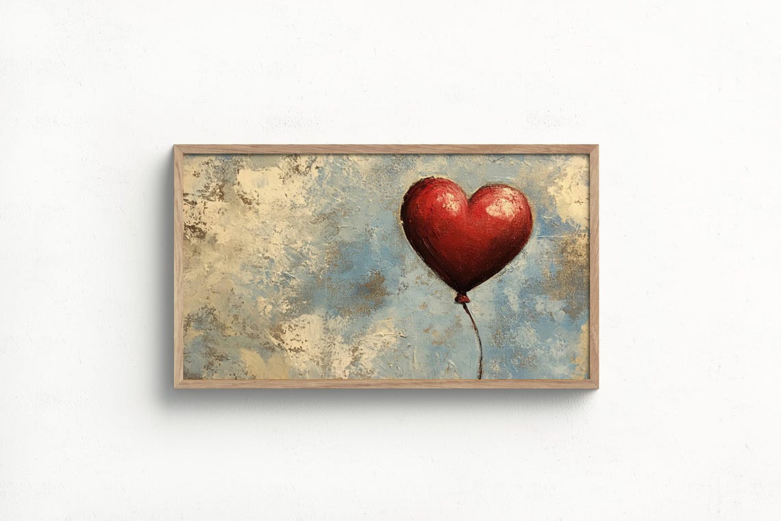 Red Heart Balloon Floating In Blue Sky Vintage Romance Art Poster - Image 2