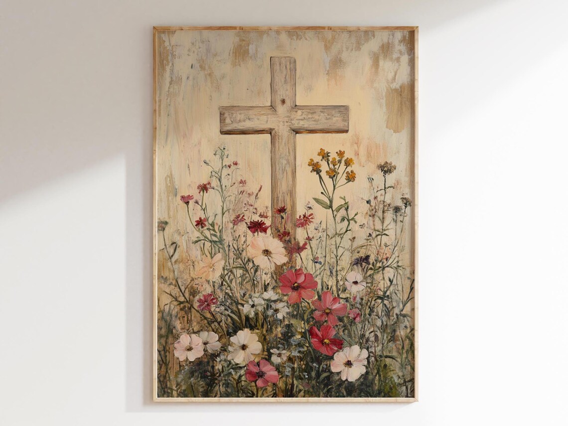 Vintage Cross Christian Art Print, Easter Decor