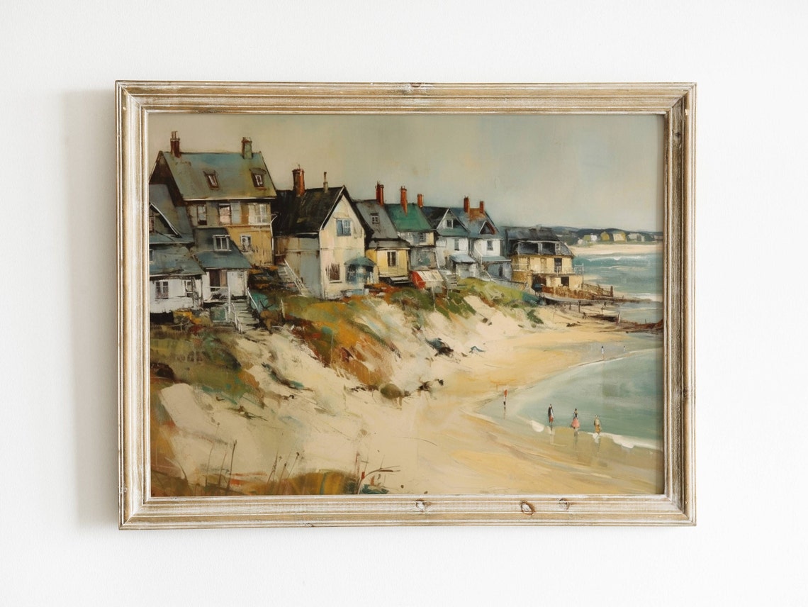 Seaside Cottages On Sandy Beach Coastal Town Ocean View Travel Poster