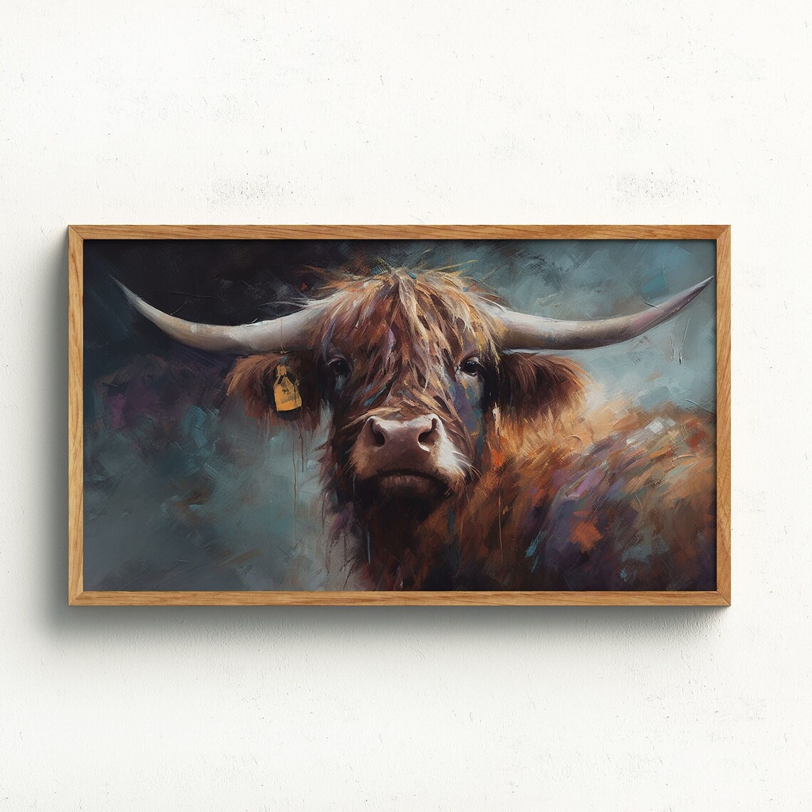 Brown Highland Cow Close Up Moody Oil Painting Farmhouse Poster