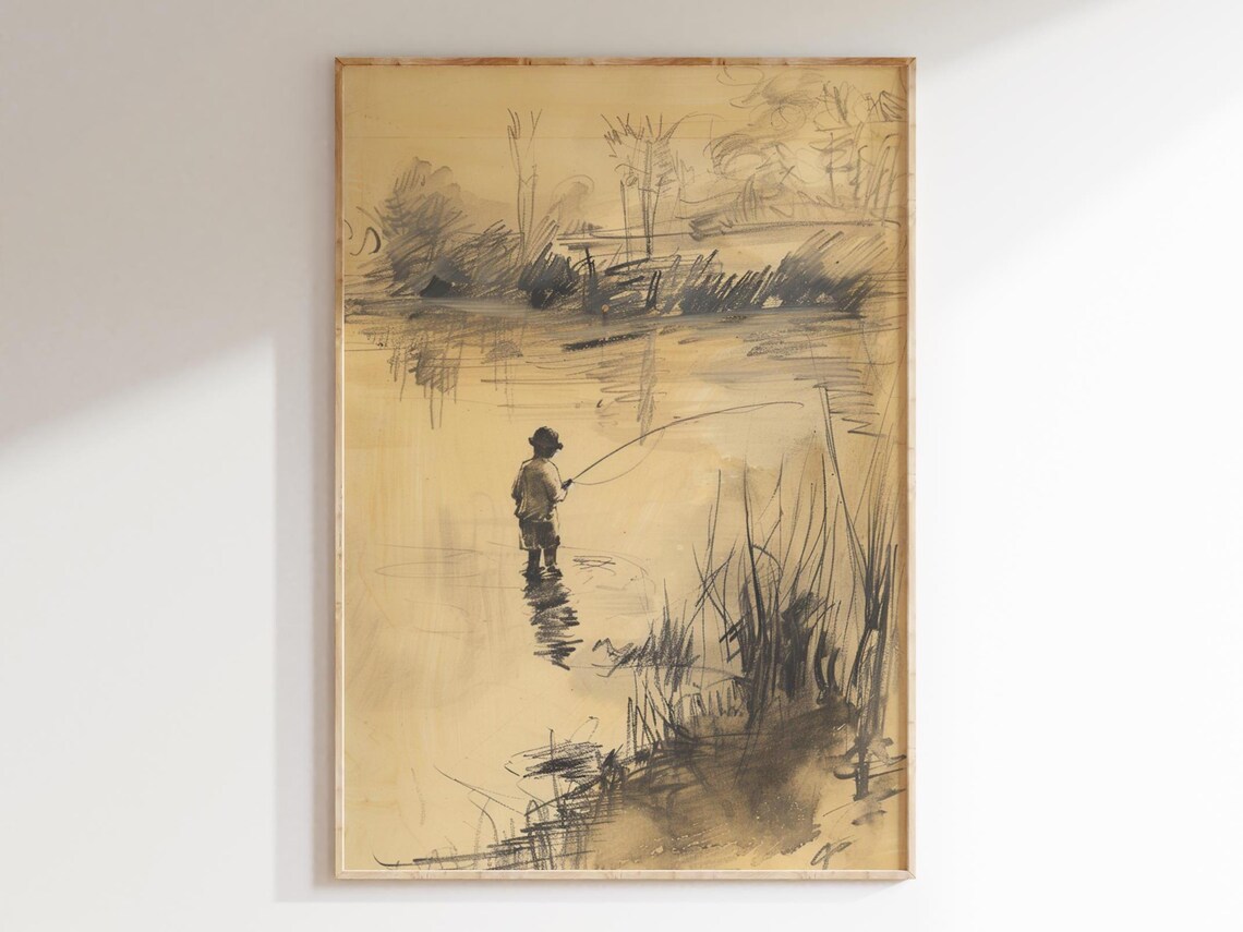 Boy Fishing Vintage Sketch, Farmhouse Cabin Decor Art Print