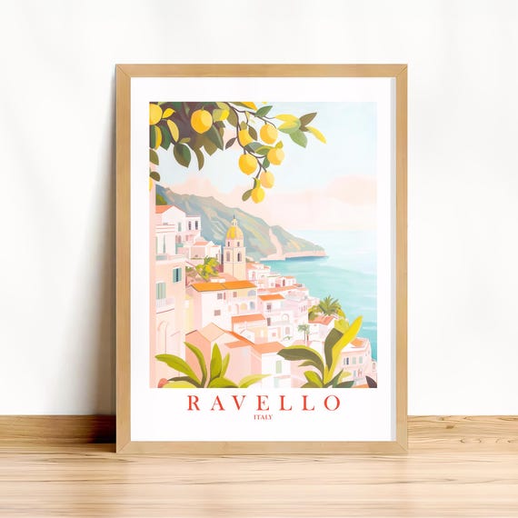Italy Travel Poster Ravello Italian Coastal Wall Art Seaside Print Lemon Retro Pink Orange Blue Mediterranean Painting Instant